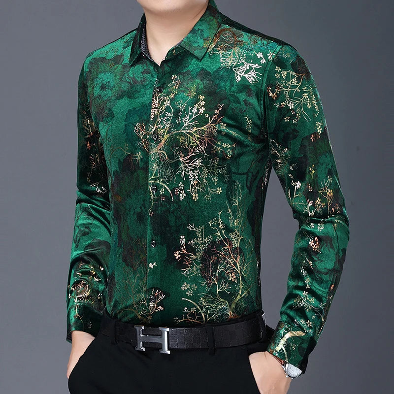 New Arrival Male Velour Shirts Autumn Winter Male Floral Clothing Long Sleeve Gold Velvet Flowers Dresses
