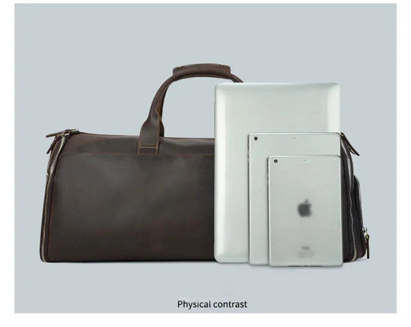 Crazy Horse Leather Folding Suit Bag Man Business Travel Bag With Shoe Pocket Clothes Cover Luggage Duffel Bag Man Bag For Suits