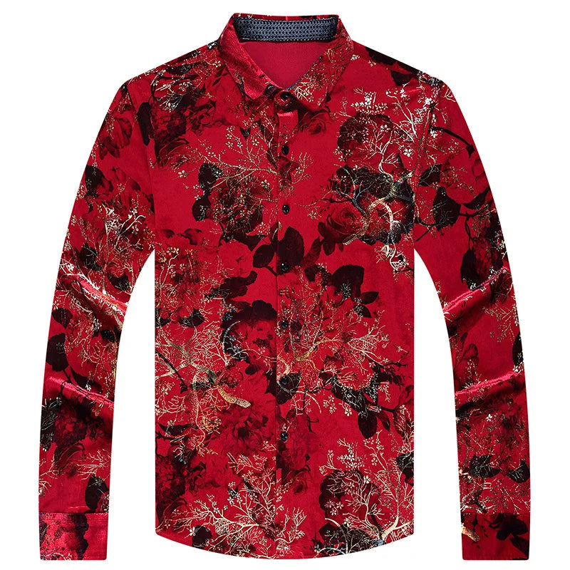 New Arrival Male Velour Shirts Autumn Winter Male Floral Clothing Long Sleeve Gold Velvet Flowers Dresses