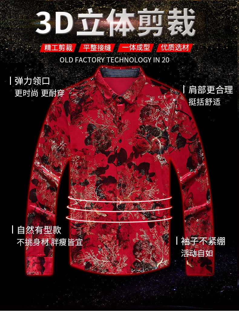 New Arrival Male Velour Shirts Autumn Winter Male Floral Clothing Long Sleeve Gold Velvet Flowers Dresses