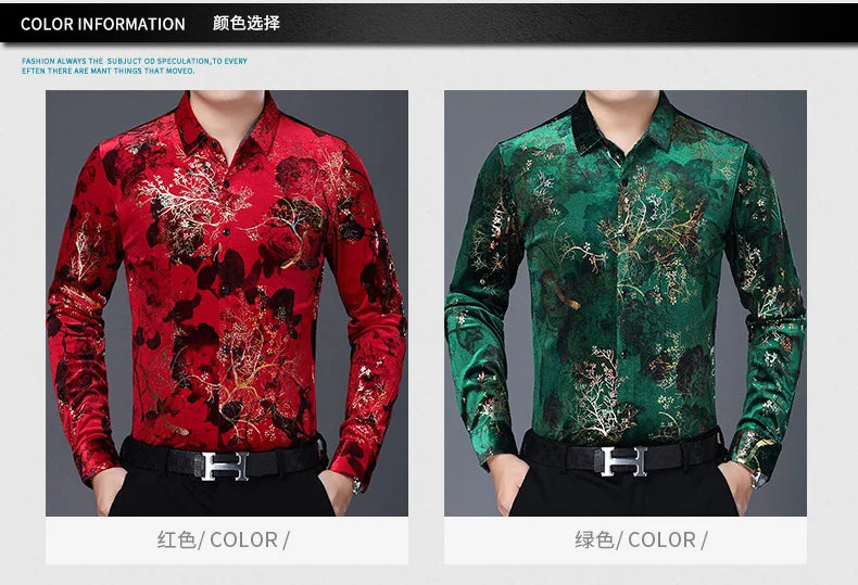 New Arrival Male Velour Shirts Autumn Winter Male Floral Clothing Long Sleeve Gold Velvet Flowers Dresses