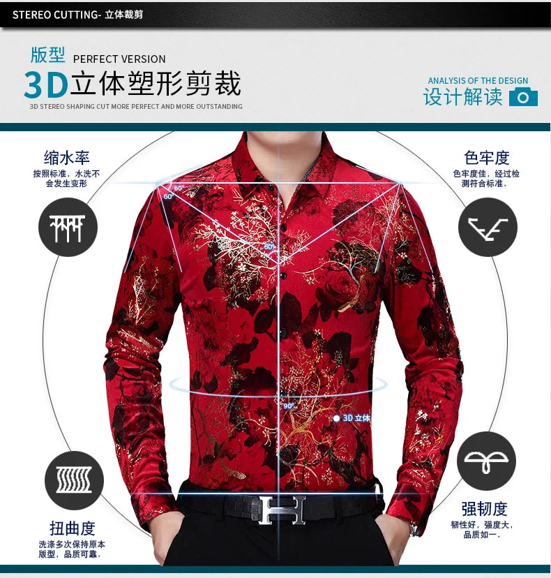 New Arrival Male Velour Shirts Autumn Winter Male Floral Clothing Long Sleeve Gold Velvet Flowers Dresses