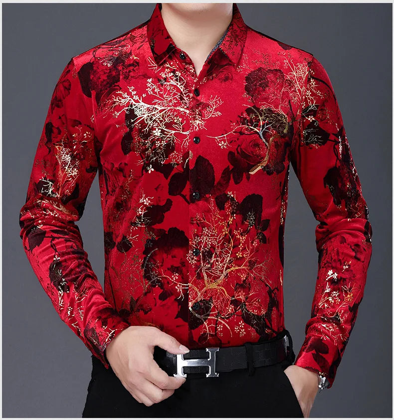 New Arrival Male Velour Shirts Autumn Winter Male Floral Clothing Long Sleeve Gold Velvet Flowers Dresses