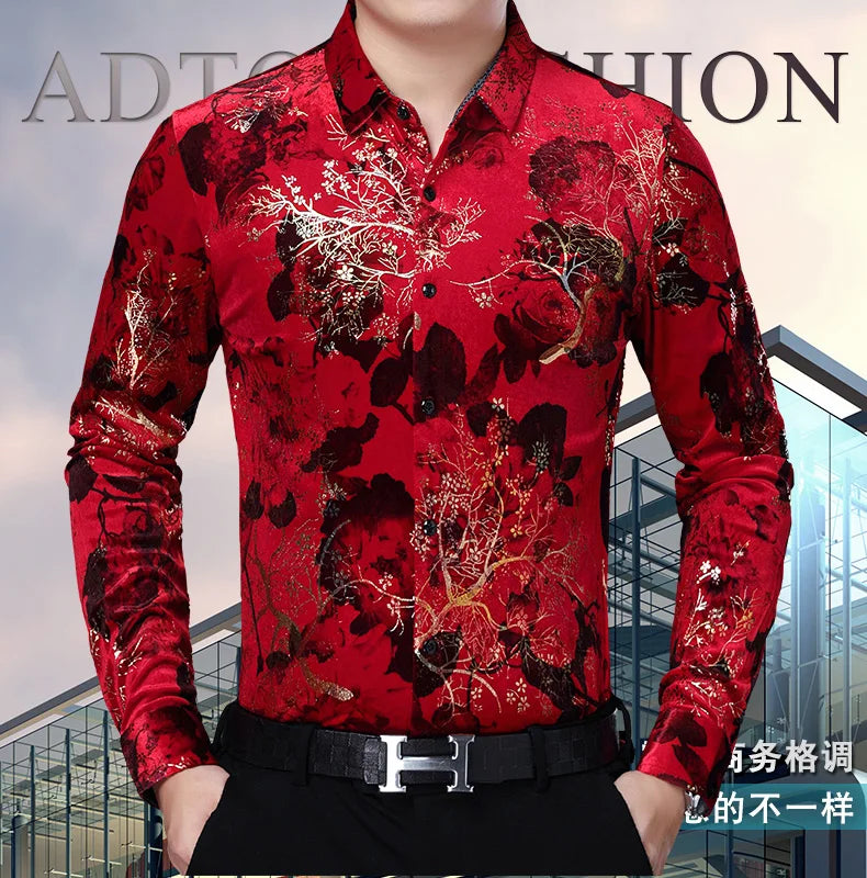 New Arrival Male Velour Shirts Autumn Winter Male Floral Clothing Long Sleeve Gold Velvet Flowers Dresses