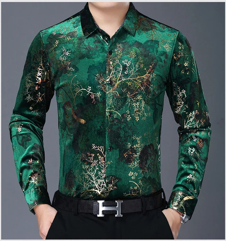 New Arrival Male Velour Shirts Autumn Winter Male Floral Clothing Long Sleeve Gold Velvet Flowers Dresses