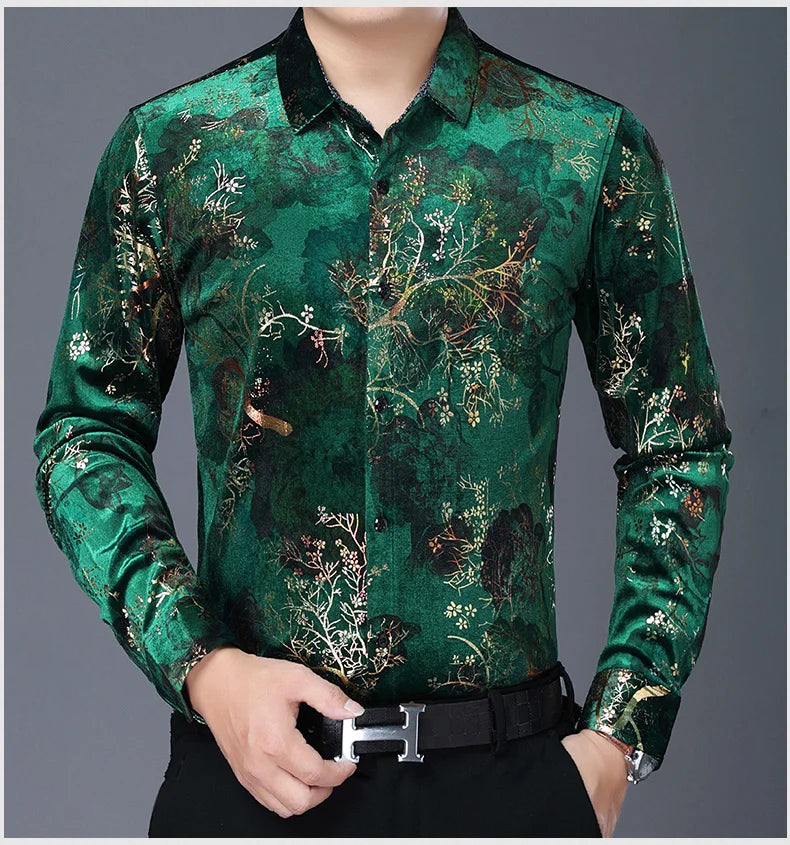 New Arrival Male Velour Shirts Autumn Winter Male Floral Clothing Long Sleeve Gold Velvet Flowers Dresses