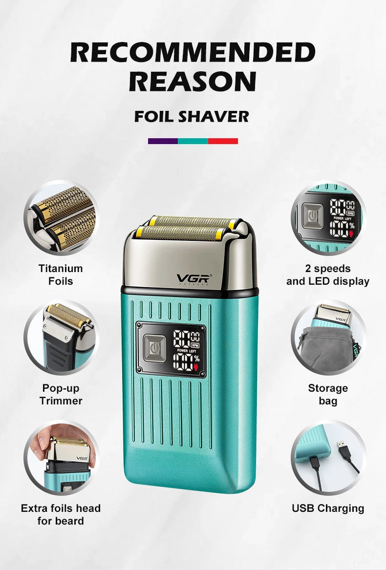 VGR Professional Hair Beard Electric Shaver For Men Beard Trimmer Wet Dry Shaving Machine Digital Display Shaver For Men V-357