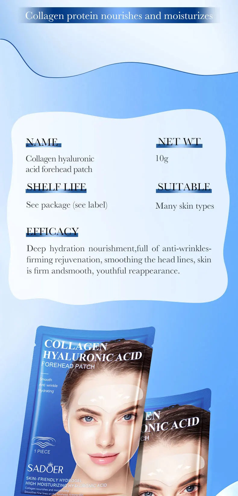 10pcs SADOER Hyaluronic Acid Collagen Face Mask For Forehead Eyes Cheek Moisturizing Firming Hydrating Facial Patches Skin Care
