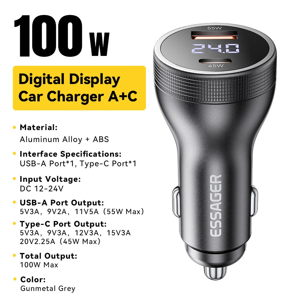 Essager 100W Car Charger USB C Quick Charge PD 45W for iPhone 15 pro 14 Xiaomi Poco Samsung Galaxy S24 Fast Charger Charging