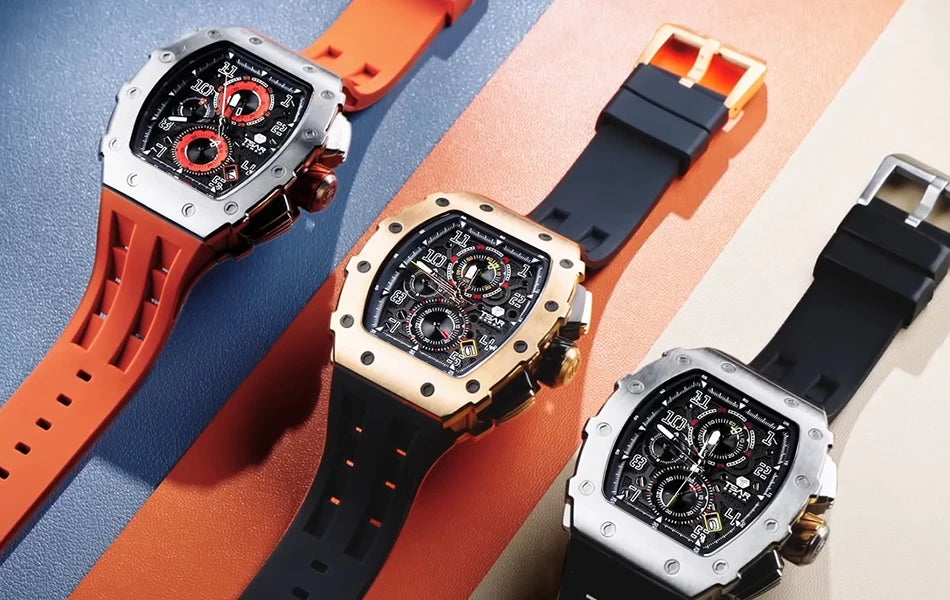 TSAR BOMBA Tonneau Watches for Men Sapphire Quartz Wristwatch Fashion Timepiece 5ATM Waterproof Clock Luxury Mens Watch