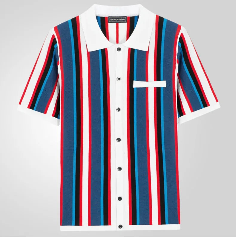 Polo Collar Striped Shirts Knitted Shirt Short Sleeve Single Breasted Casual Shirt Cardigan Loose Fit 2025 Spliced Pockets