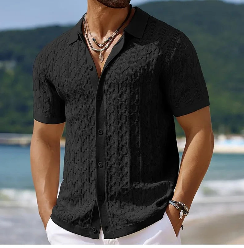 Men Solid Shirt Turn Down Collar Shirt Business Short Sleeve Blouses Knitted Single Breasted Loose Button Summer Cardigan