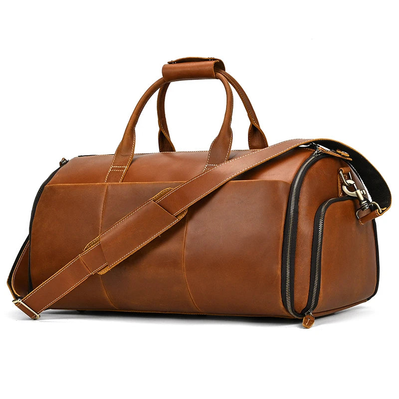 Crazy Horse Leather Folding Suit Bag Man Business Travel Bag With Shoe Pocket Clothes Cover Luggage Duffel Bag Man Bag For Suits