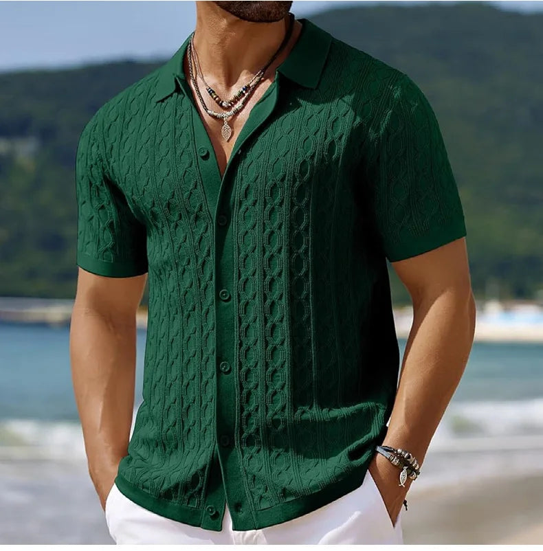 Men Solid Shirt Turn Down Collar Shirt Business Short Sleeve Blouses Knitted Single Breasted Loose Button Summer Cardigan