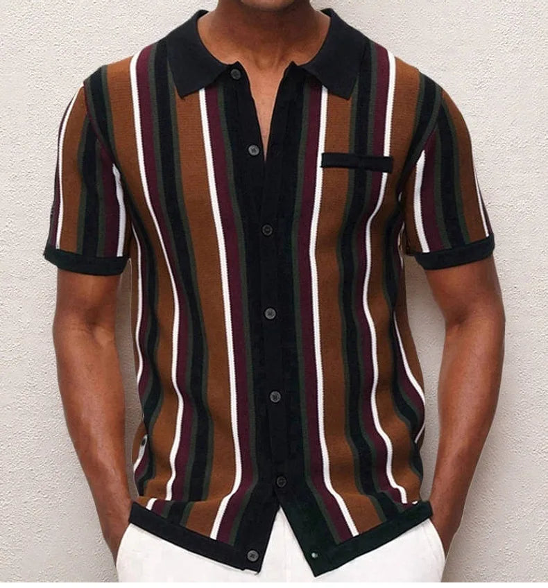 Polo Collar Striped Shirts Knitted Shirt Short Sleeve Single Breasted Casual Shirt Cardigan Loose Fit 2025 Spliced Pockets