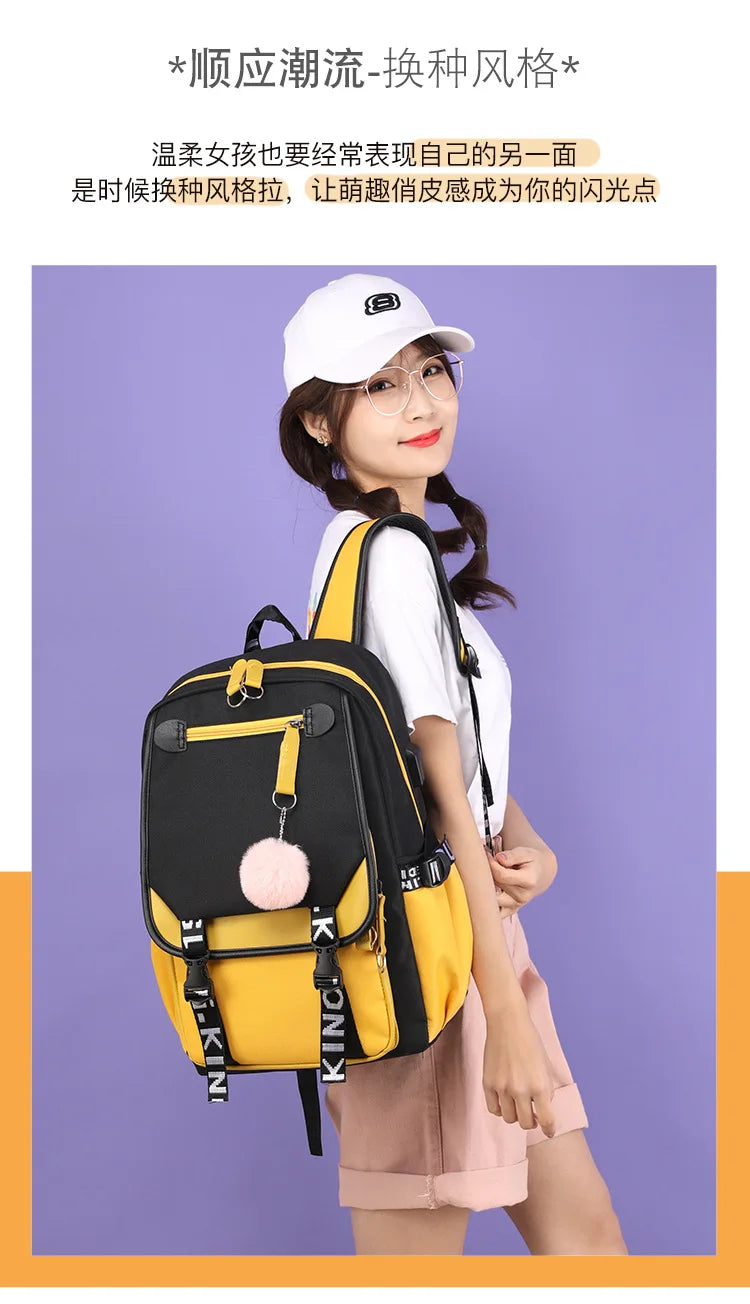 Large School Bags for Teenage Girls USB Port Canvas Schoolbag Student Book Bag Fashion Black Pink Teen School Backpack