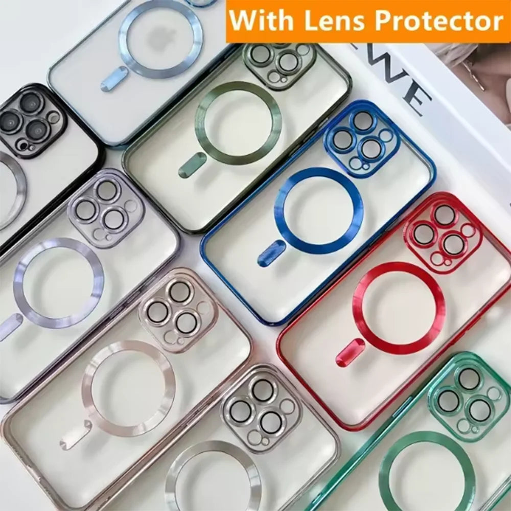 Fashion Plating Magnetic Soft Case Magsafe For iPhone 16 15 14 Plus 13 12 11 Pro Max Wireless Charging Case With Lens Protector