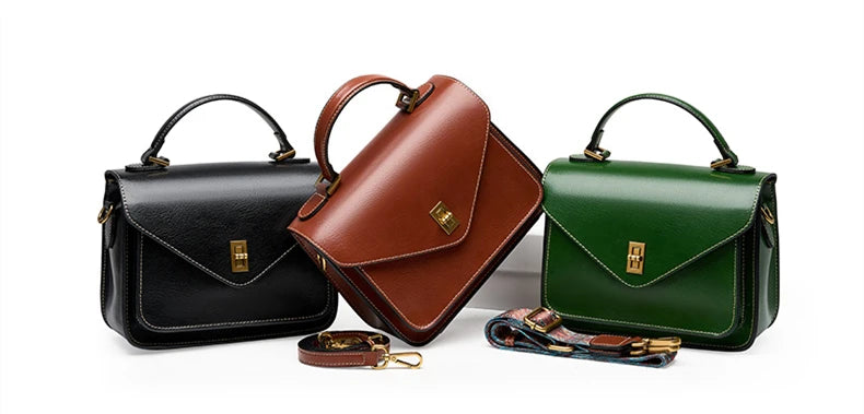 Genuine Leather Women luxury bag high quality Simple vintage Fashion Postman handbags ladies 2025 shoulder green small bag