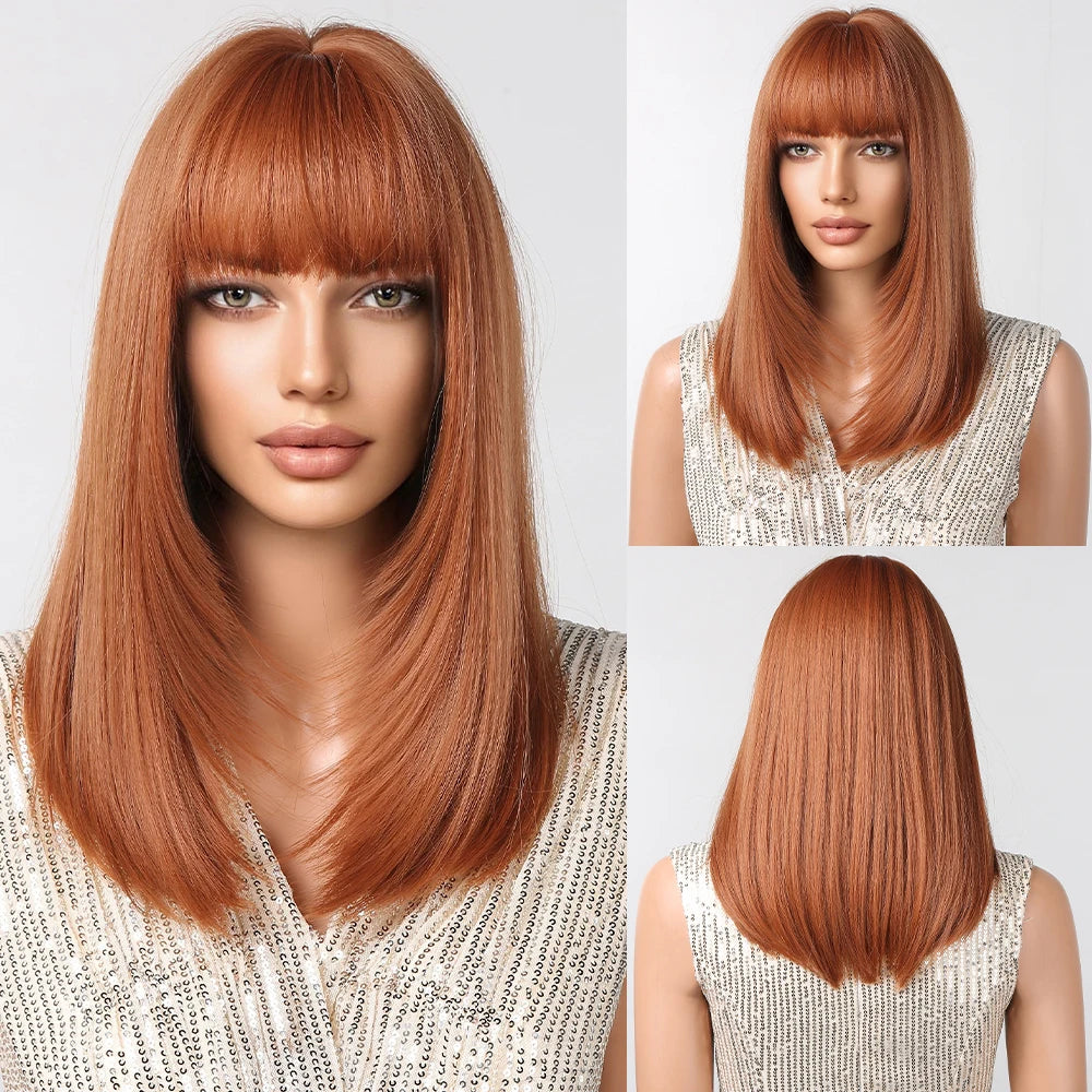 Straight Black Bob Synthetic Wig with Bangs Medium Long Cosplay Layered Wigs for Woman Natural Hair Daily Wig Heat Resistant