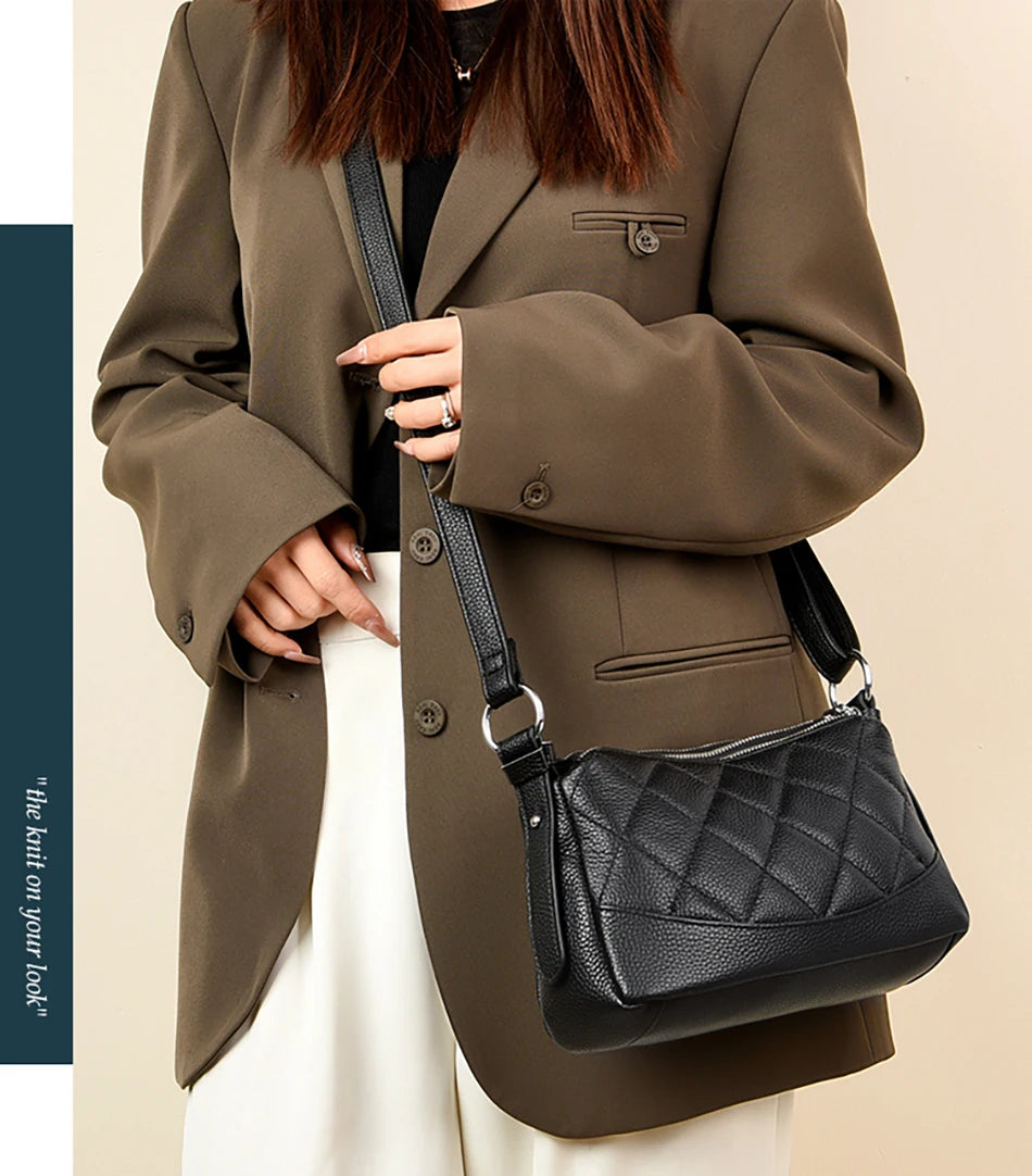2024 New Women's Shoulder Bag 100% Genuine Leather Female Crossbody Bags Girl Tote Bolsas Three Layer Large Capacity Wallet Sac