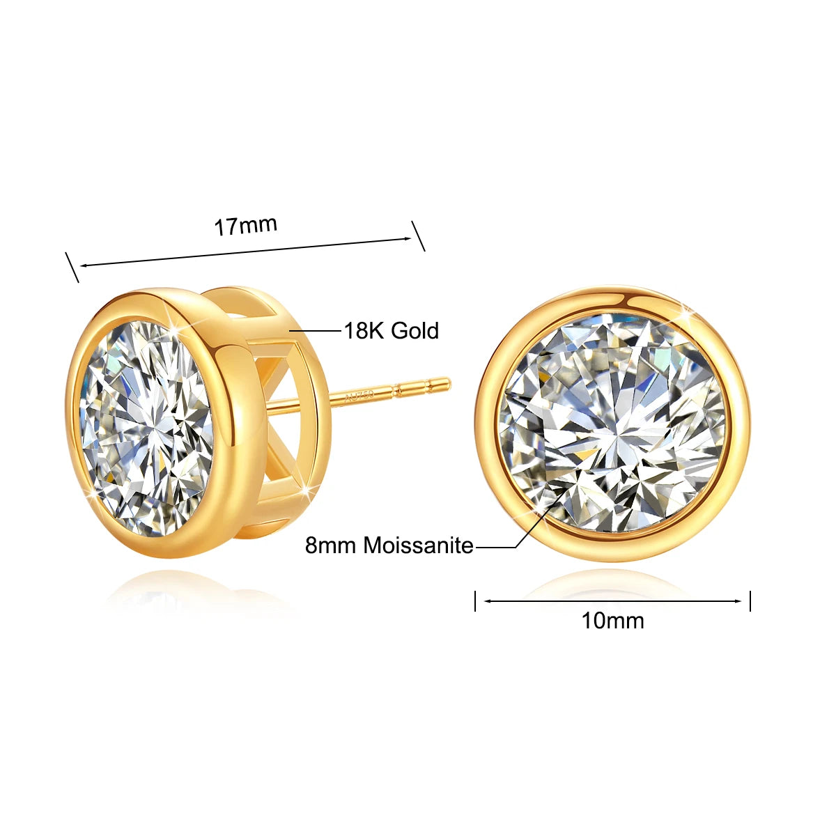 Genuine 18K Gold Moissanite Stud Earrings 2ct Diamond Earrings Classic Trendy for Women Wedding Gifts Fine Jewelry