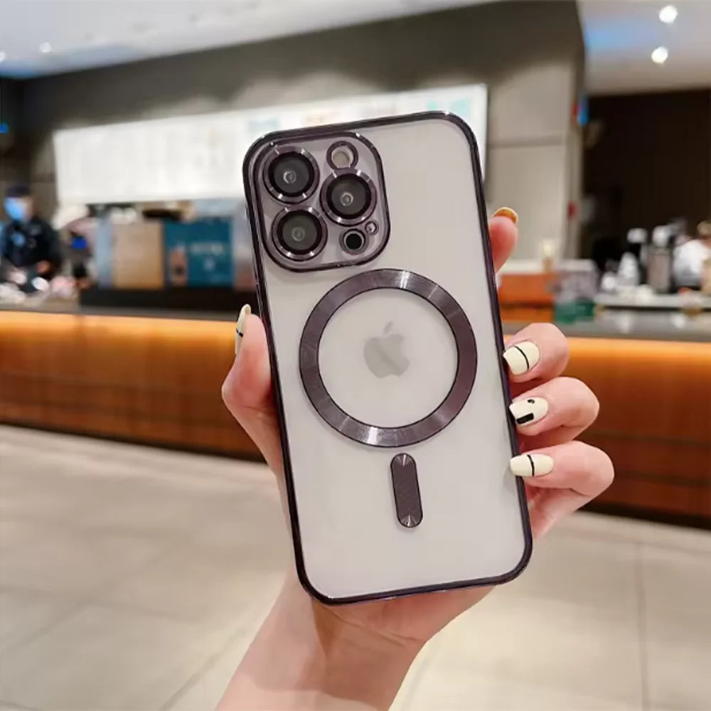 Fashion Plating Magnetic Soft Case Magsafe For iPhone 16 15 14 Plus 13 12 11 Pro Max Wireless Charging Case With Lens Protector