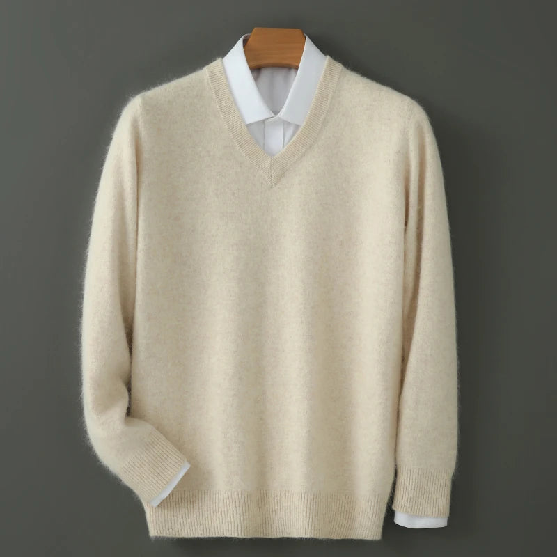 100% Pure Mink Cashmere Knitted Pullover Men's V-Neck Loose Large size Sweater Business Casual Warm Thick Bottoming Shirt Autumn