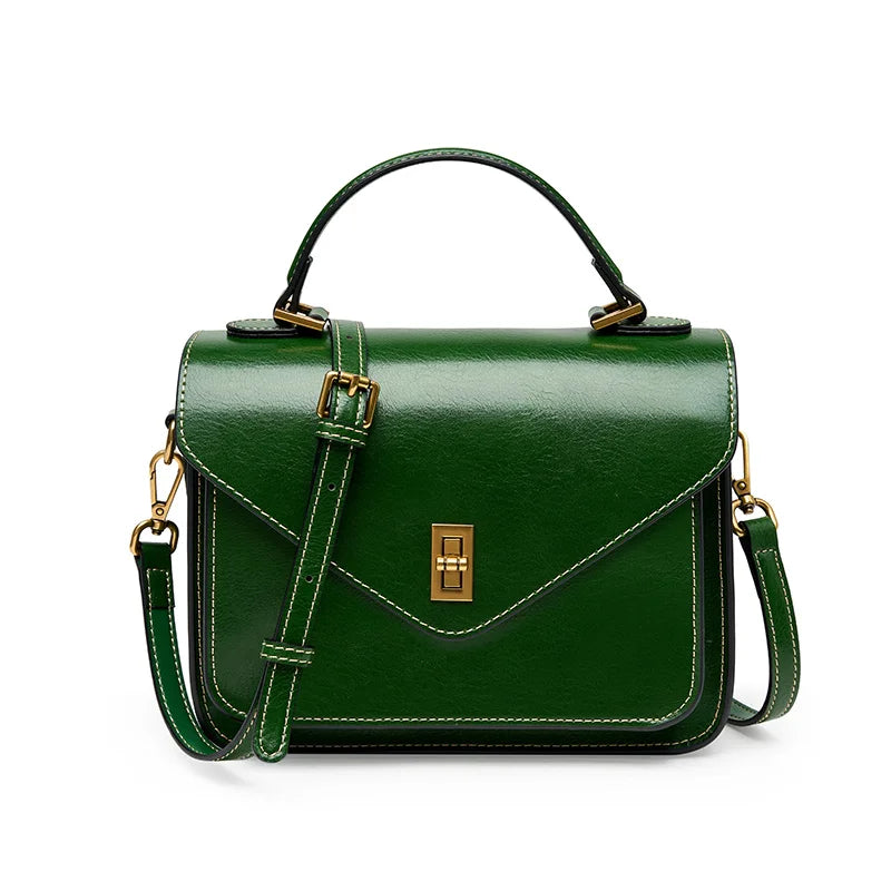 Genuine Leather Women luxury bag high quality Simple vintage Fashion Postman handbags ladies 2025 shoulder green small bag