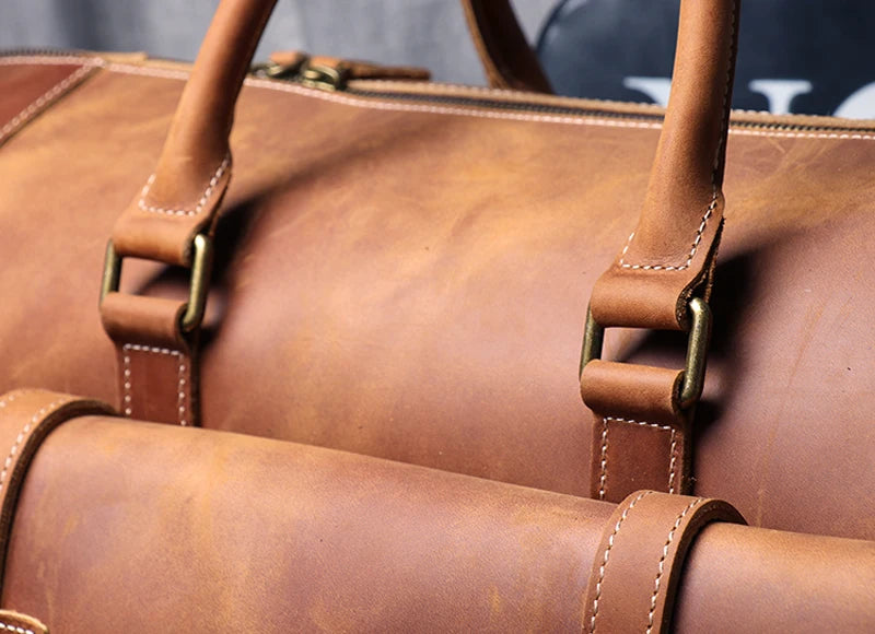 MUNUKI Vintage Crazy Horse Genuine Leather Travel bag Large Luggage bag men Leather duffle bag Large Weekend Bag Tote Big