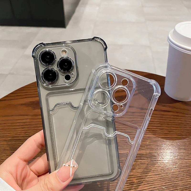 Wallet Card Holder Clear Soft Case For iPhone 11 13 12 14 15 16 Pro Max X XSMax XR 7 8 Plus SE 2022 Transparent Card Slots Cover