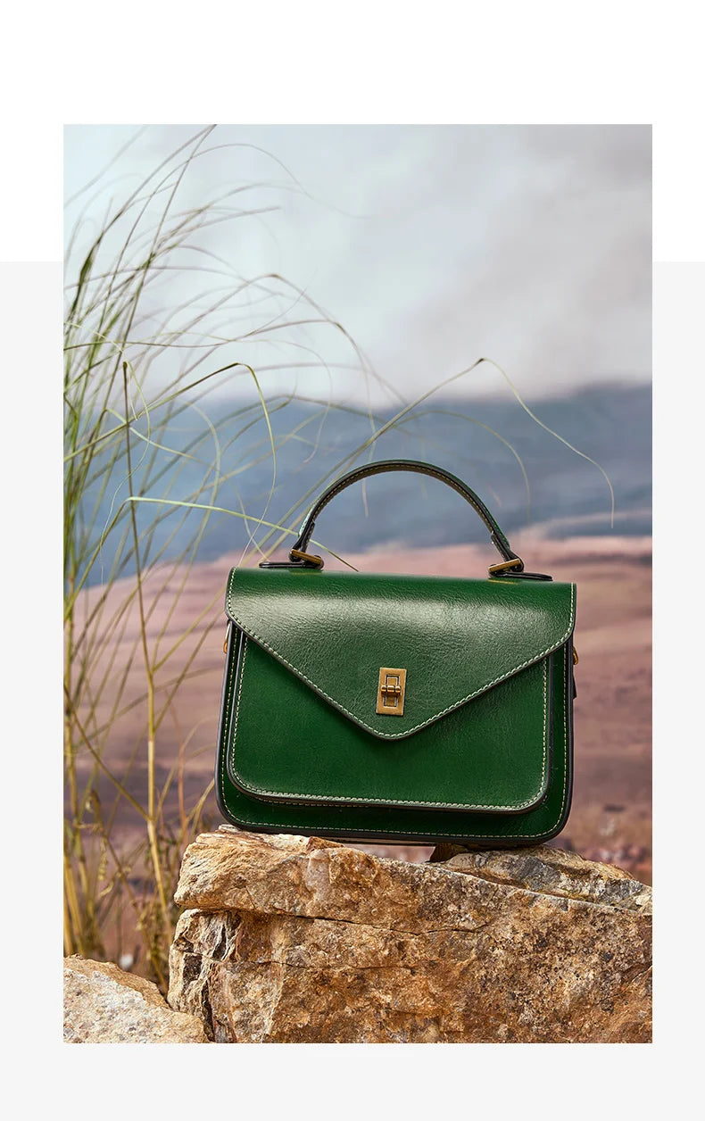 Genuine Leather Women luxury bag high quality Simple vintage Fashion Postman handbags ladies 2025 shoulder green small bag