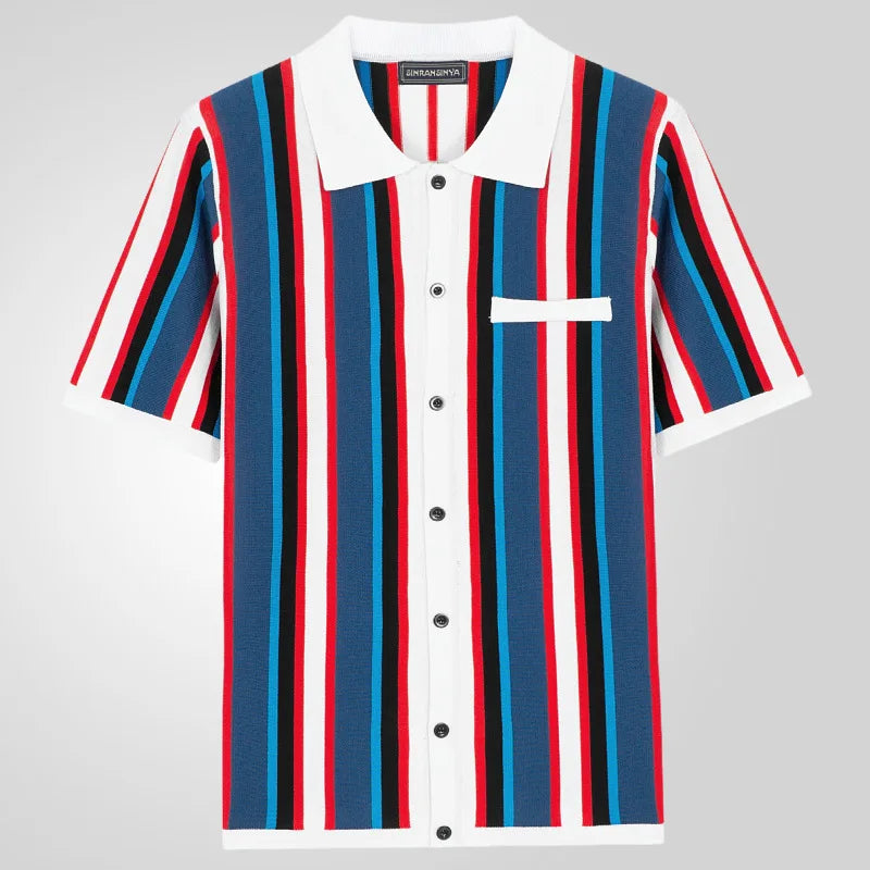 Polo Collar Striped Shirts Knitted Shirt Short Sleeve Single Breasted Casual Shirt Cardigan Loose Fit 2025 Spliced Pockets