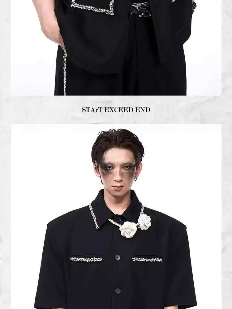 LUZHEN Luxury Elegant Diamond Patchwork Decorate Short Sleeve Big Lapel Shirts Men's 2025 Summer High Quality Casual Tops JY1575