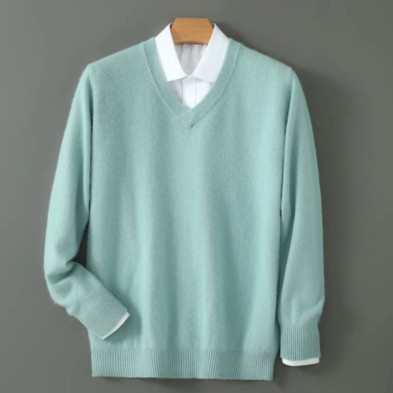 100% Pure Mink Cashmere Knitted Pullover Men's V-Neck Loose Large size Sweater Business Casual Warm Thick Bottoming Shirt Autumn
