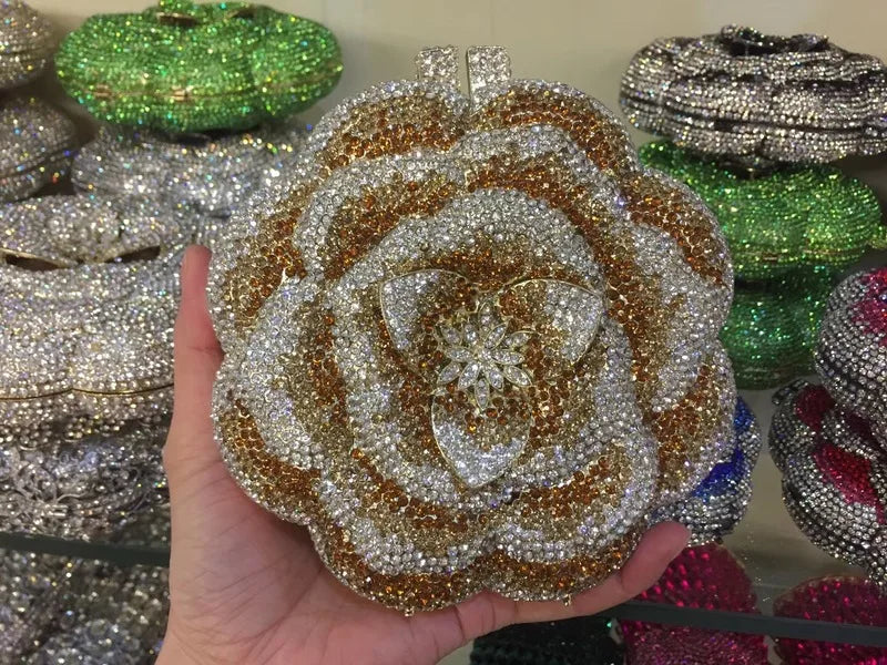 Rose Flower Pink/Green Rhinestones Evening Clutches Women Floral Yellow Crystal Evening Bags Bridal Wedding Party Clutch Purse