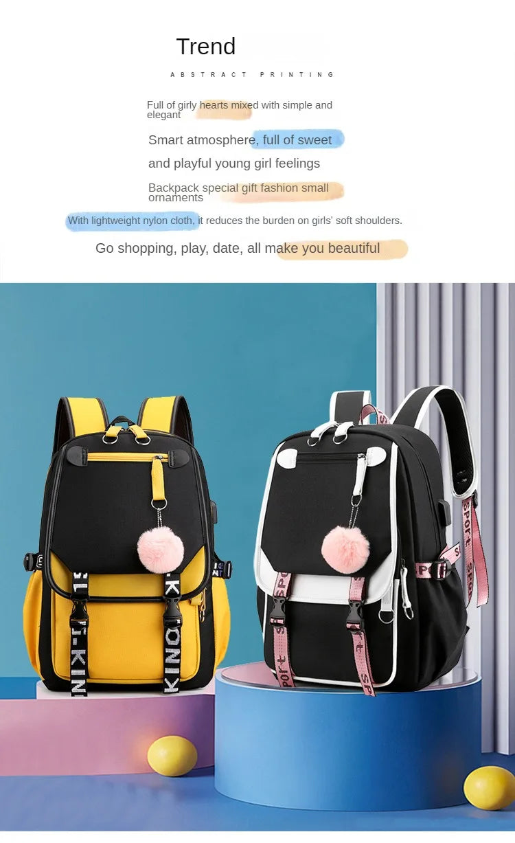 Large School Bags for Teenage Girls USB Port Canvas Schoolbag Student Book Bag Fashion Black Pink Teen School Backpack