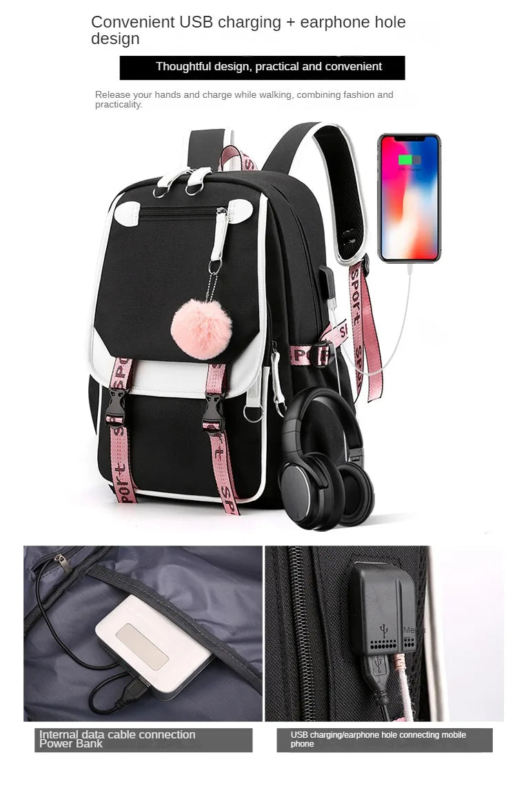 Large School Bags for Teenage Girls USB Port Canvas Schoolbag Student Book Bag Fashion Black Pink Teen School Backpack