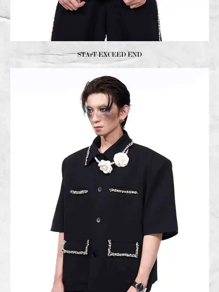LUZHEN Luxury Elegant Diamond Patchwork Decorate Short Sleeve Big Lapel Shirts Men's 2025 Summer High Quality Casual Tops JY1575