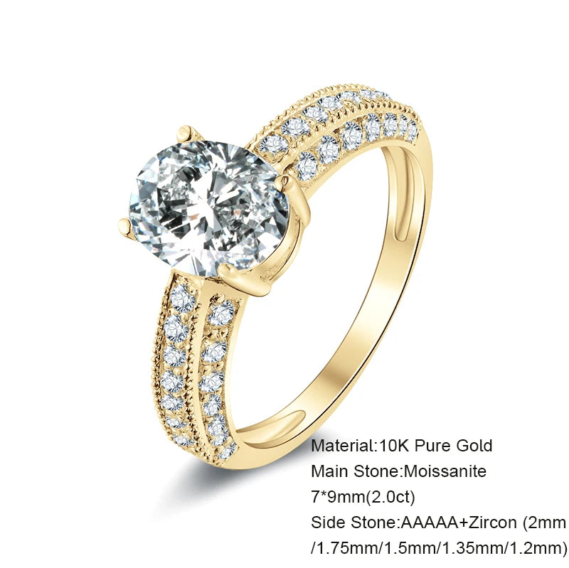 Lnngy 2.0 Carat Oval Cut Moissanite Engagement Ring With Certificate 10K Solid Yellow Gold Ring for Wedding Valentine's Day Gift