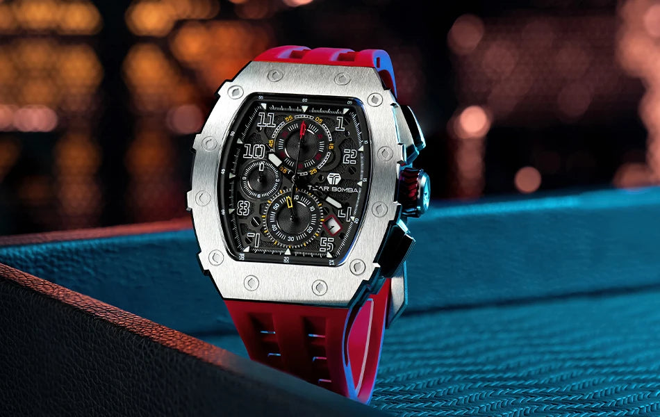 TSAR BOMBA Tonneau Watches for Men Sapphire Quartz Wristwatch Fashion Timepiece 5ATM Waterproof Clock Luxury Mens Watch
