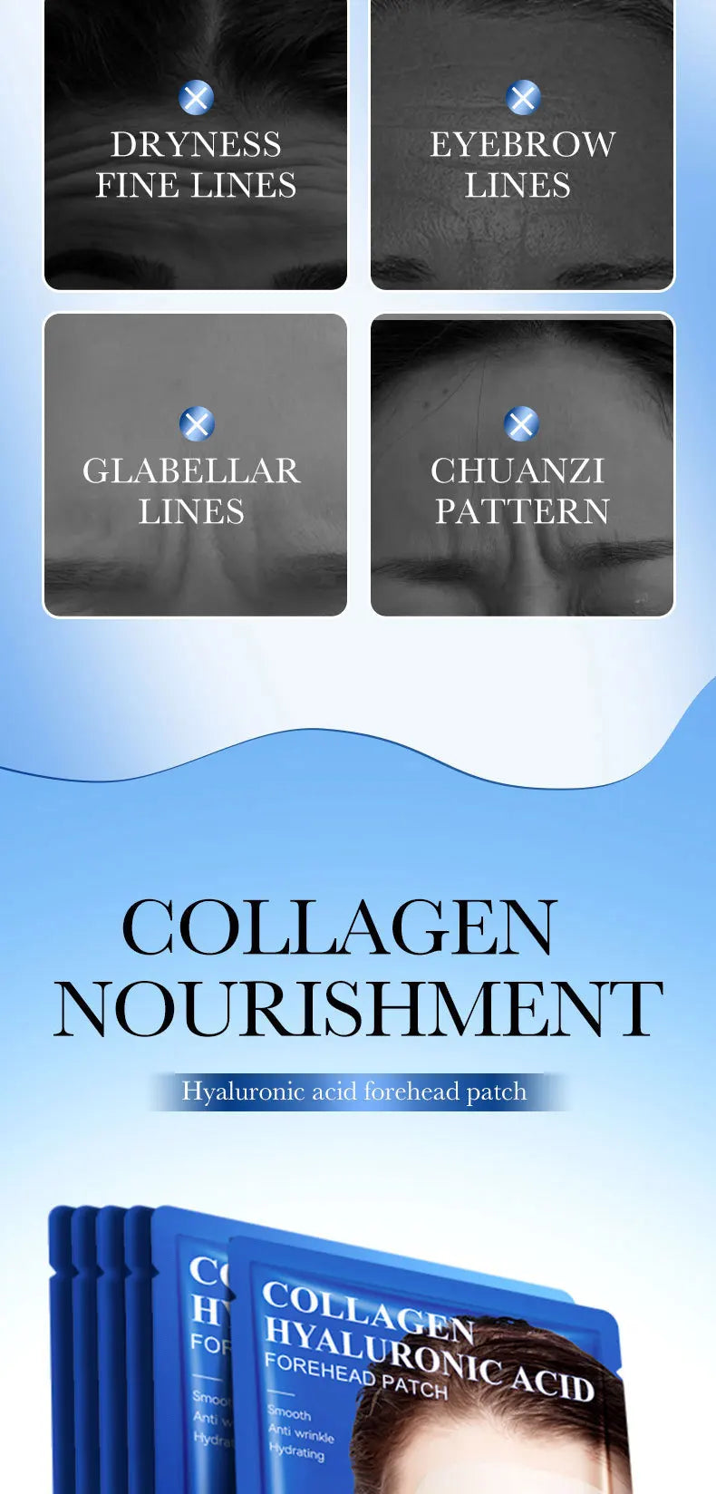 10pcs SADOER Hyaluronic Acid Collagen Face Mask For Forehead Eyes Cheek Moisturizing Firming Hydrating Facial Patches Skin Care