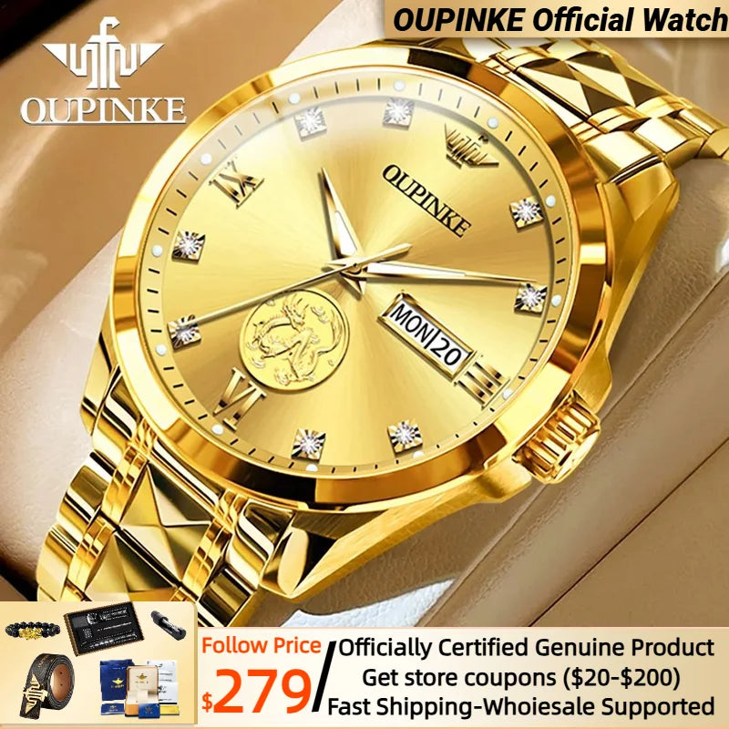 Swiss Certification OUPINKE Automatic Watch for Men Real Gold Real Diamond Sapphire Mirror Tungsten Steel Top Brand Wristwatch