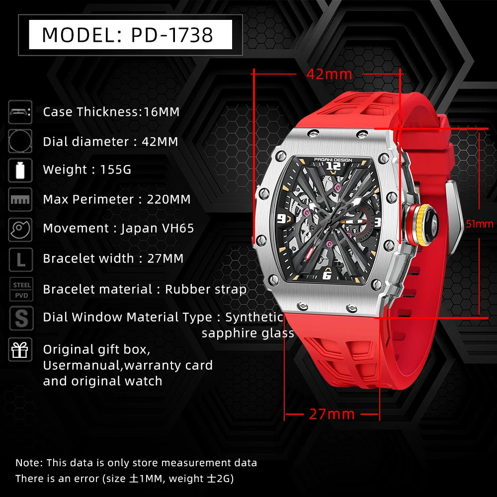 PAGANI DESIGN 2024 Luxury Mens Quartz Watches Barrel Shape Waterproof Wrist Watch For Men VH65 Silicone Luminous Sapphire Mirror