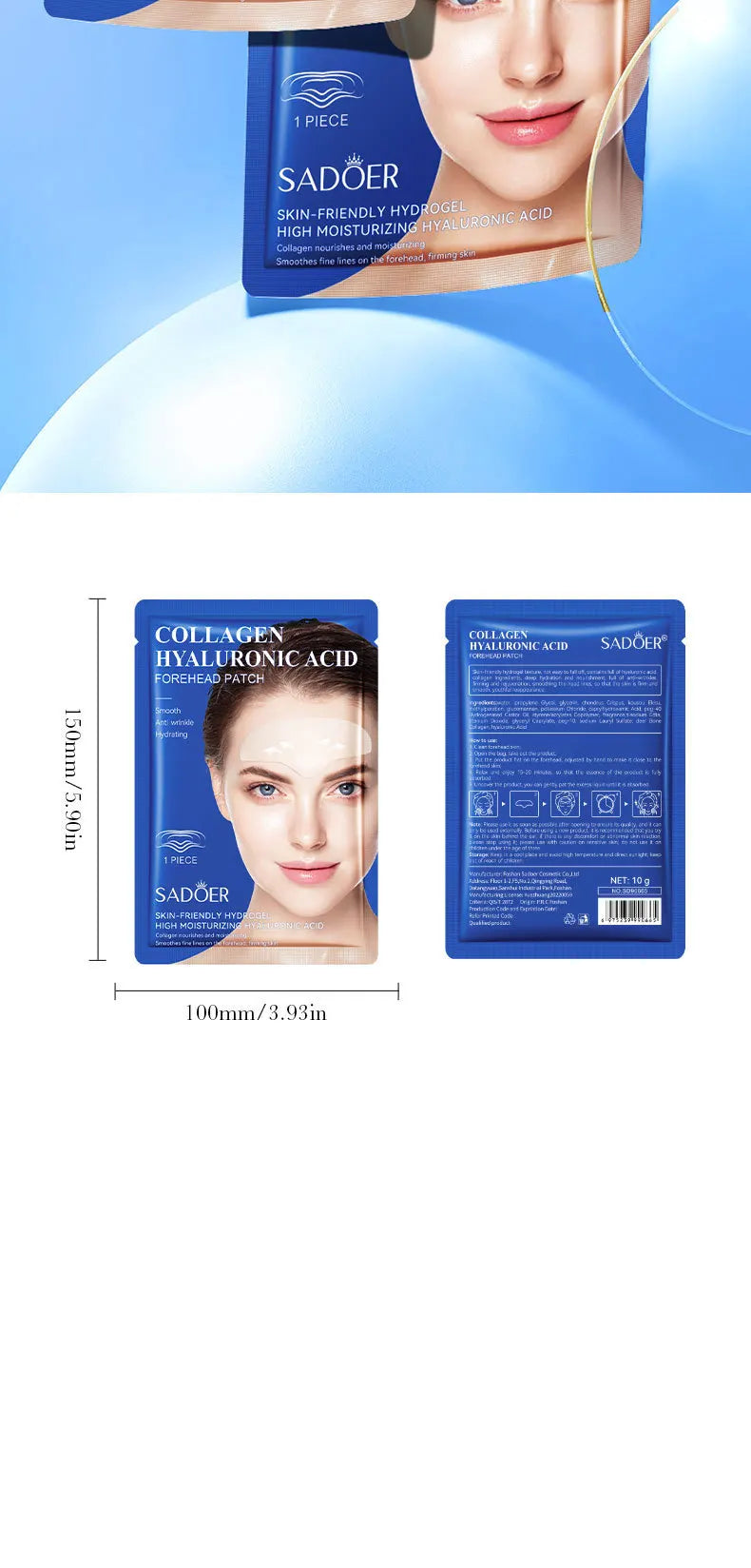 10pcs SADOER Hyaluronic Acid Collagen Face Mask For Forehead Eyes Cheek Moisturizing Firming Hydrating Facial Patches Skin Care