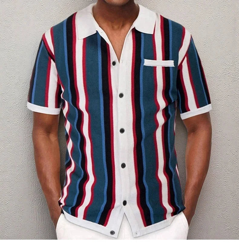 Polo Collar Striped Shirts Knitted Shirt Short Sleeve Single Breasted Casual Shirt Cardigan Loose Fit 2025 Spliced Pockets
