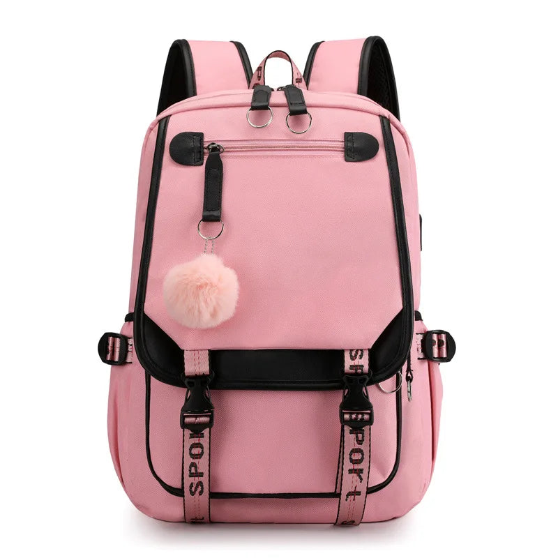 Large School Bags for Teenage Girls USB Port Canvas Schoolbag Student Book Bag Fashion Black Pink Teen School Backpack
