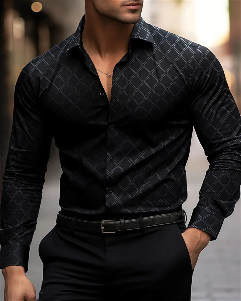 New Men's Black Shirt 3D Printed Fit Button Evening Dress Casual Sports Shirt Fashion Comfortable Long Sleeves