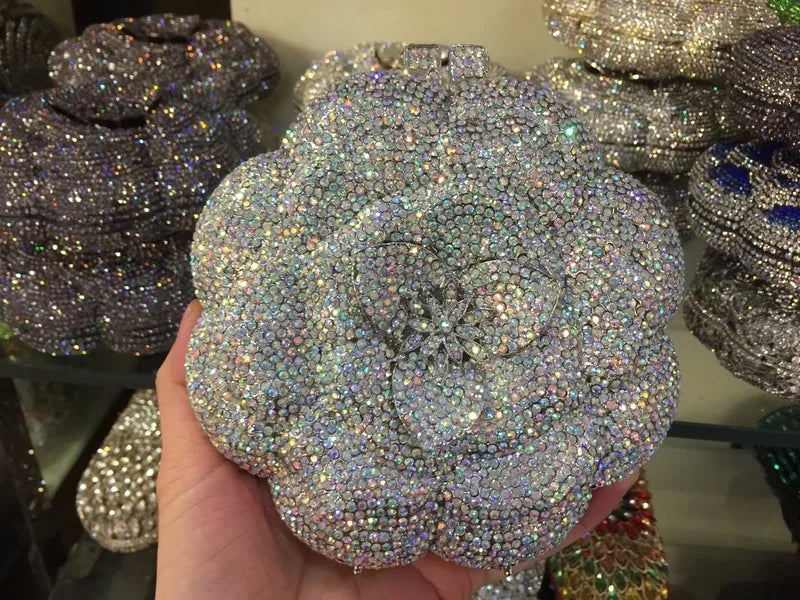 Rose Flower Pink/Green Rhinestones Evening Clutches Women Floral Yellow Crystal Evening Bags Bridal Wedding Party Clutch Purse
