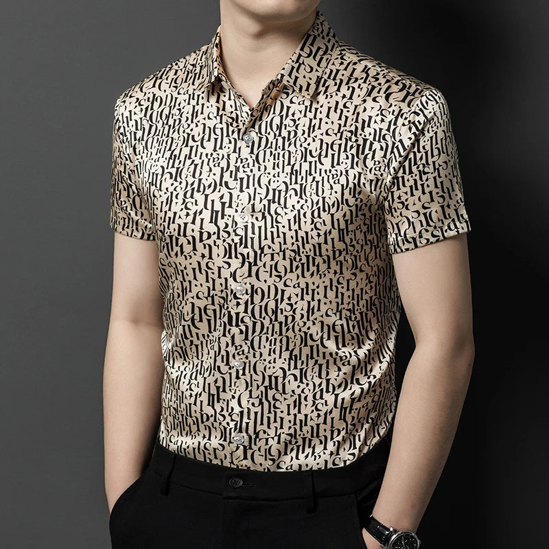 Mulberry Silk 100% Print Dress Men Shirt Short Sleeve Casual Icy Summer Quality Smooth Comfortable Regular Fit Camisas De Hombre
