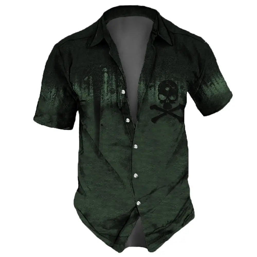 2023 Men's Shirts Lapel Streetwear Vintage Shirt For Men Skull Hip Hop Short Sleeve Top Party Summer Casual Hawaiian